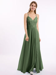 Chiffon Bottom Lace Top Bridesmaid Dress with Slit Olive Green