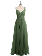 Chiffon Bottom Lace Top Bridesmaid Dress with Slit Olive Green