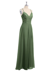 Chiffon Bottom Lace Top Bridesmaid Dress with Slit Olive Green