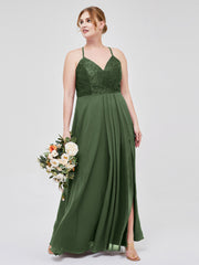 Chiffon Bottom Lace Top Bridesmaid Dress with Slit Olive Green