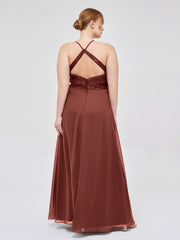 Chiffon Bottom Lace Top Bridesmaid Dress with Slit Terracotta