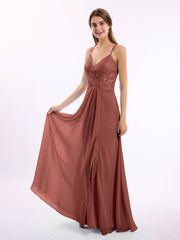 Chiffon Bottom Lace Top Bridesmaid Dress with Slit Terracotta