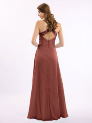 Chiffon Bottom Lace Top Bridesmaid Dress with Slit Terracotta