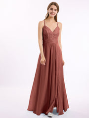 Chiffon Bottom Lace Top Bridesmaid Dress with Slit Terracotta
