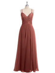 Chiffon Bottom Lace Top Bridesmaid Dress with Slit Terracotta