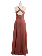 Chiffon Bottom Lace Top Bridesmaid Dress with Slit Terracotta
