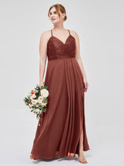 Chiffon Bottom Lace Top Bridesmaid Dress with Slit Terracotta