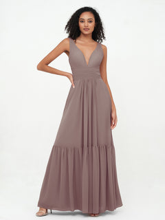 A-line V-neck Chiffon Tiered Skirt Dresses Dusk