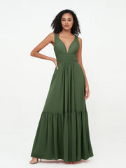 A-line V-neck Chiffon Tiered Skirt Dresses Olive Green