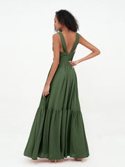 A-line V-neck Chiffon Tiered Skirt Dresses Olive Green