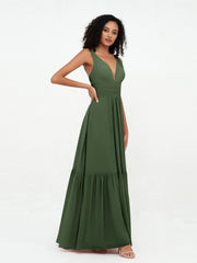 A-line V-neck Chiffon Tiered Skirt Dresses Olive Green