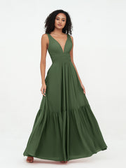 A-line V-neck Chiffon Tiered Skirt Dresses Olive Green