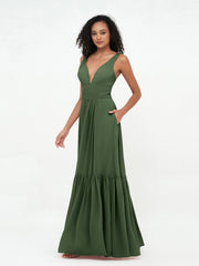 A-line V-neck Chiffon Tiered Skirt Dresses Olive Green