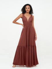 A-line V-neck Chiffon Tiered Skirt Dresses Terracotta