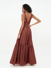 A-line V-neck Chiffon Tiered Skirt Dresses Terracotta