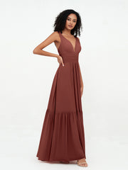 A-line V-neck Chiffon Tiered Skirt Dresses Terracotta