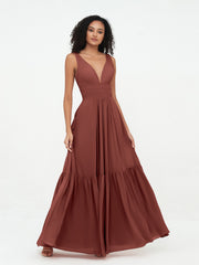 A-line V-neck Chiffon Tiered Skirt Dresses Terracotta
