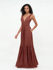 A-line V-neck Chiffon Tiered Skirt Dresses Terracotta