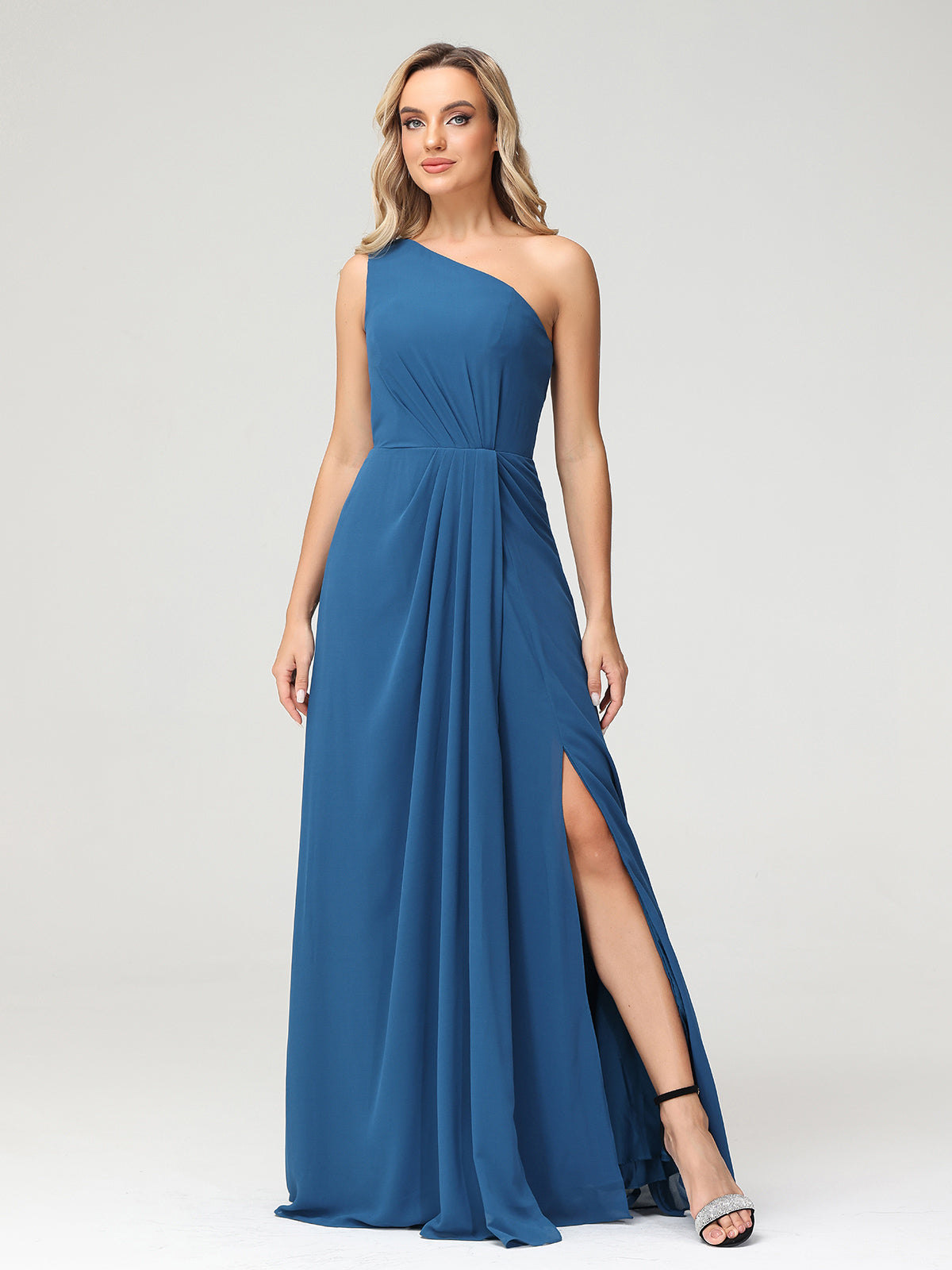 One Shoulder Long Chiffon Dresses with Slit Ink Blue | BABARONI ...