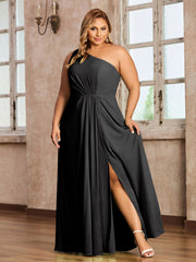 One Shoulder Long Chiffon Dresses with Slit Black