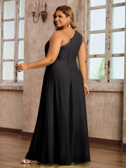 One Shoulder Long Chiffon Dresses with Slit Black