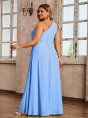 One Shoulder Long Chiffon Dresses with Slit Blue