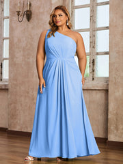 One Shoulder Long Chiffon Dresses with Slit Blue