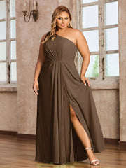One Shoulder Long Chiffon Dresses with Slit Brown
