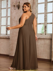 One Shoulder Long Chiffon Dresses with Slit Brown