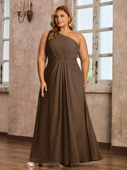 One Shoulder Long Chiffon Dresses with Slit Brown