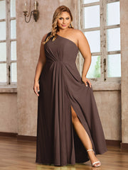 One Shoulder Long Chiffon Dresses with Slit Chocolate