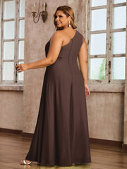 One Shoulder Long Chiffon Dresses with Slit Chocolate