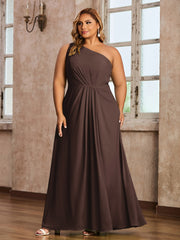 One Shoulder Long Chiffon Dresses with Slit Chocolate