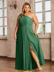 One Shoulder Long Chiffon Dresses with Slit Dark Green