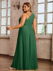 One Shoulder Long Chiffon Dresses with Slit Dark Green
