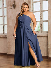 One Shoulder Long Chiffon Dresses with Slit Dark Navy