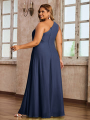 One Shoulder Long Chiffon Dresses with Slit Dark Navy