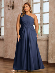 One Shoulder Long Chiffon Dresses with Slit Dark Navy