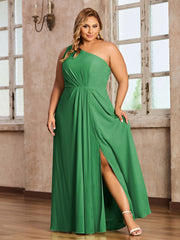 One Shoulder Long Chiffon Dresses with Slit Emerald