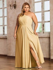 One Shoulder Long Chiffon Dresses with Slit Gold