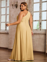 One Shoulder Long Chiffon Dresses with Slit Gold