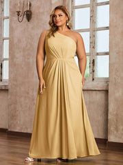 One Shoulder Long Chiffon Dresses with Slit Gold