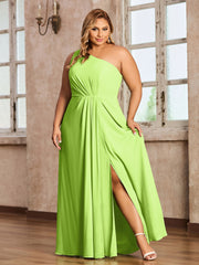 One Shoulder Long Chiffon Dresses with Slit Lime Green