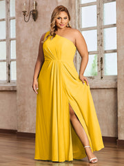 One Shoulder Long Chiffon Dresses with Slit Marigold