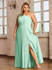 One Shoulder Long Chiffon Dresses with Slit Mint Green