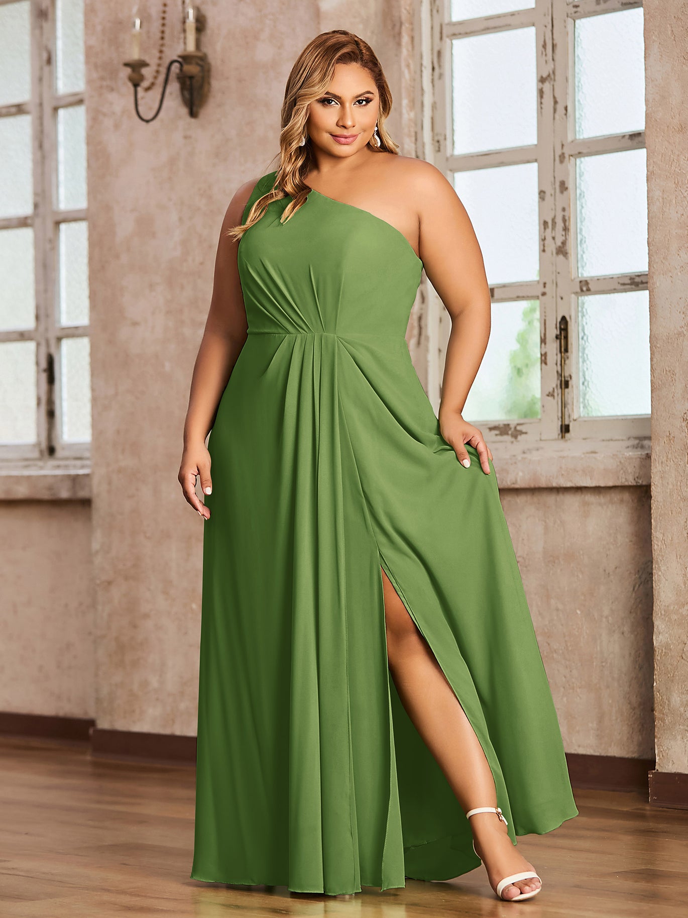 BABARONI Chiffon Moss Bridesmaid Dresses A-line One Shoulder Sleeveless  Floor-length With Slit – BABARONI UK
