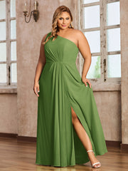 One Shoulder Long Chiffon Dresses with Slit Moss