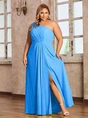 One Shoulder Long Chiffon Dresses with Slit Ocean Blue