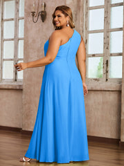 One Shoulder Long Chiffon Dresses with Slit Ocean Blue