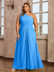 One Shoulder Long Chiffon Dresses with Slit Ocean Blue